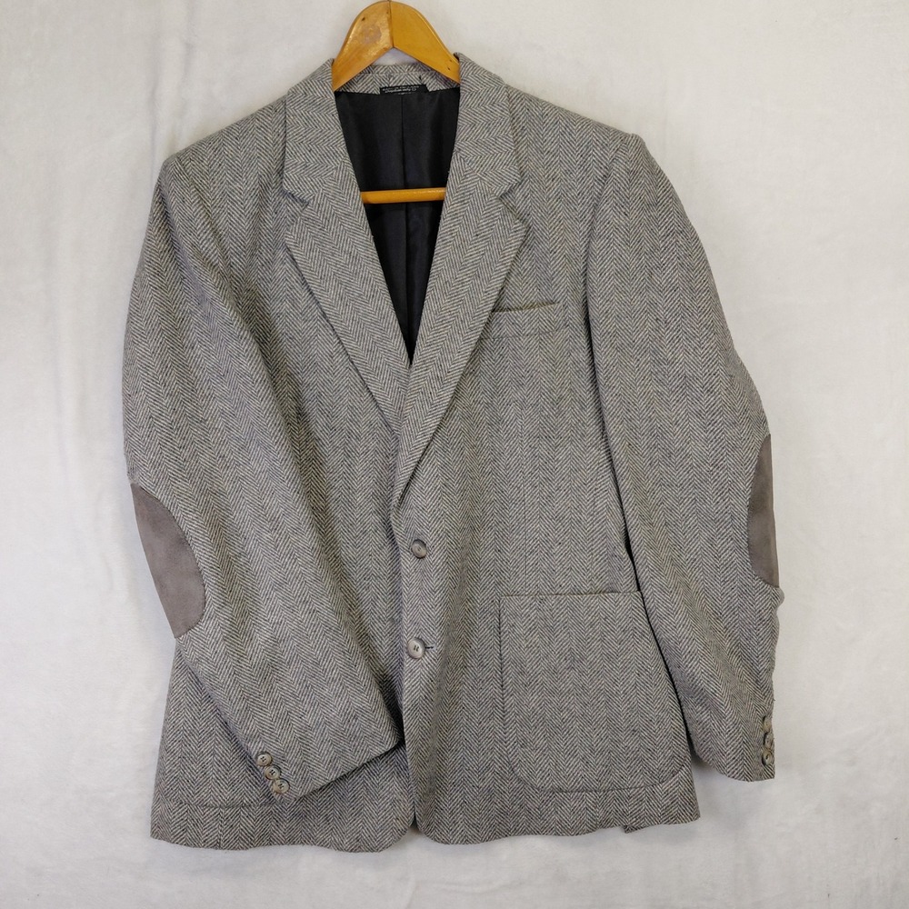 Vintage Webster Mens Grey Herringbone Blazer Suede Elbow Patches England 40R